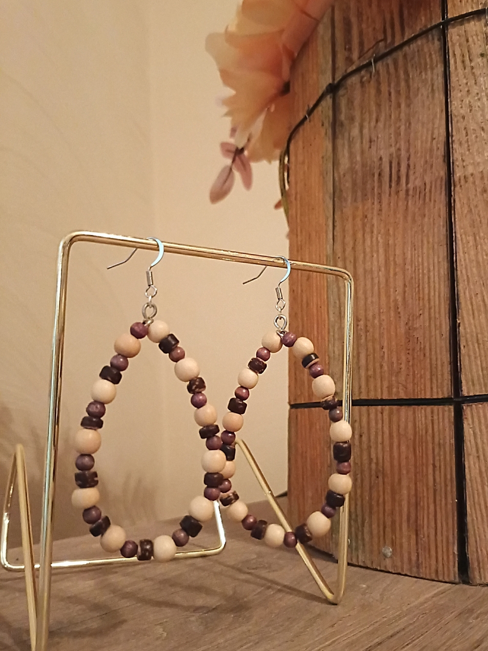 Handmade Beige and Brown Beaded Teardrop Earrings - Picture 2 of 2
